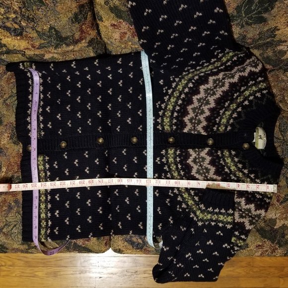 Fair Isle navy-black/beige/green wool cardigan M, (L), Point Zero Nicole Benisti - Picture 5 of 11
